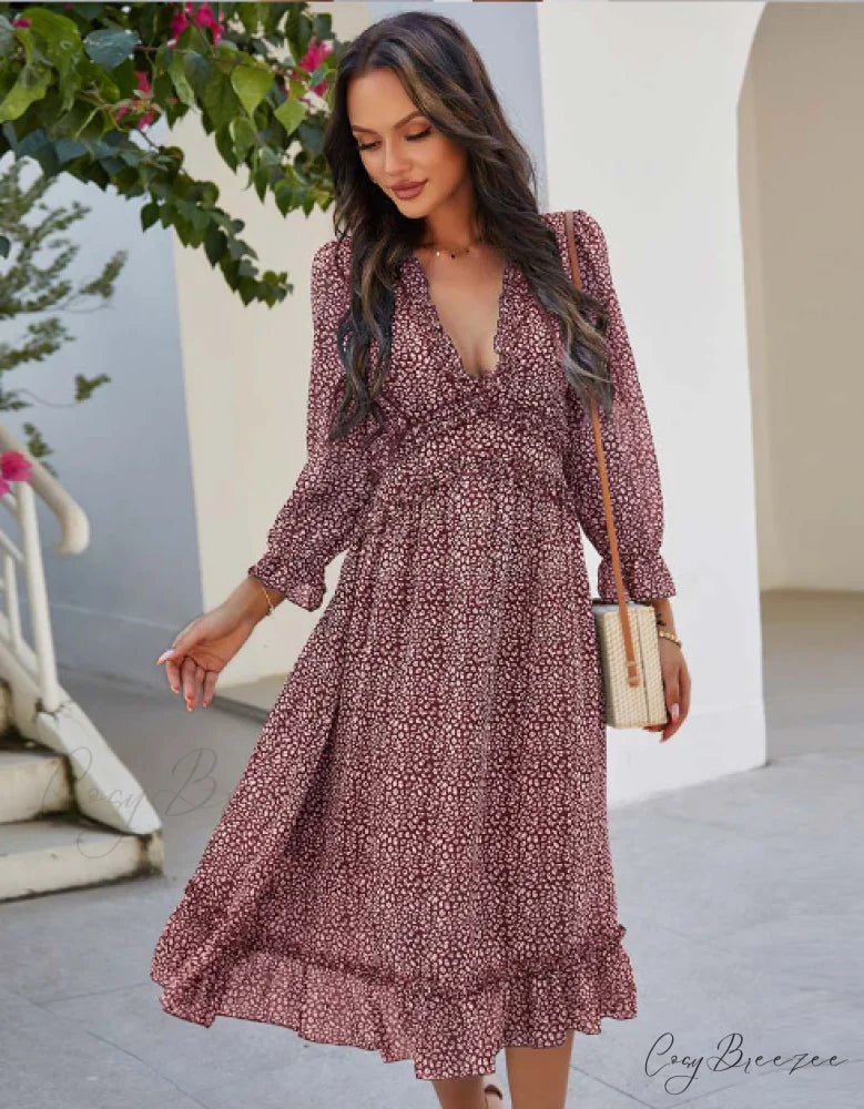 Spring V Neck Print Dress with Butterfly Sleeves and High Waist Ruffles in Chiffon Midi Length M / BURGUNDY