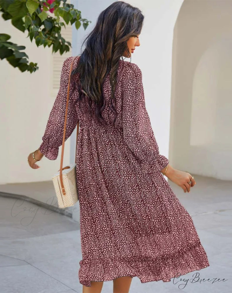 Spring V Neck Print Dress with Butterfly Sleeves and High Waist Ruffles in Chiffon Midi Length M / PINK