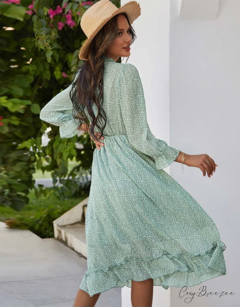Spring V Neck Print Dress with Butterfly Sleeves and High Waist Ruffles in Chiffon Midi Length S / BLUE