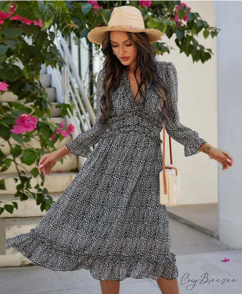 Spring V Neck Print Dress with Butterfly Sleeves and High Waist Ruffles in Chiffon Midi Length S / PINK
