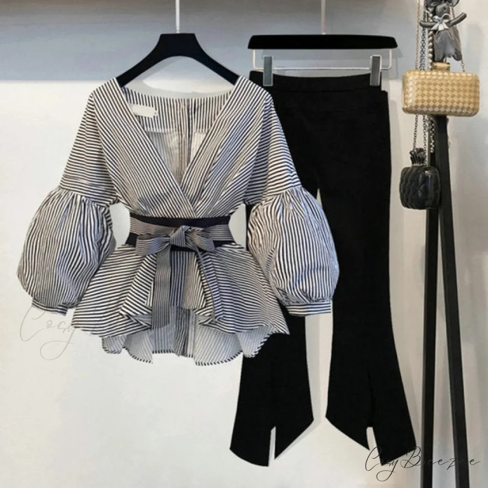 Spring Women’s Bow Pants Lantern Flare Black + Striped Split Warm-Season Blouse Arm Arm Set 2pcs set / S