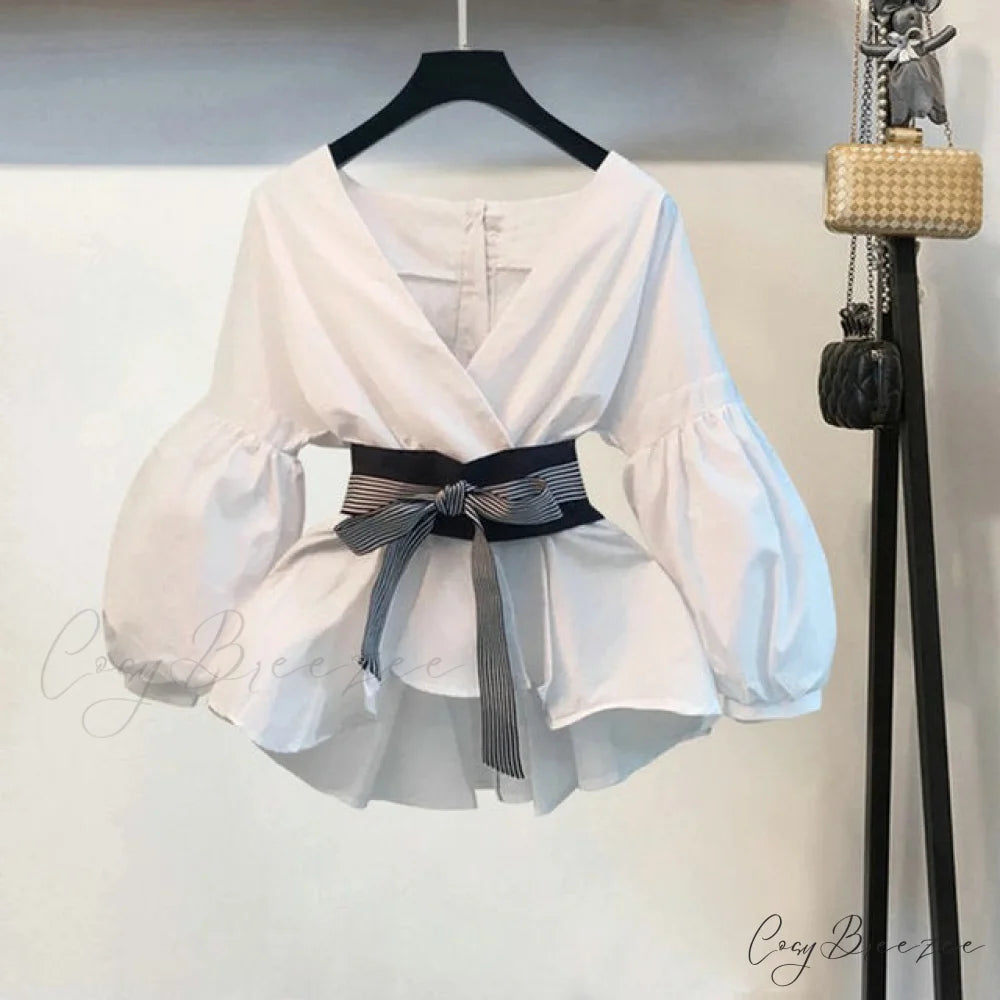 Spring Women’s Bow Pants Lantern Flare Black + Striped Split Warm-Season Blouse Arm Arm Set ONLY Shirt 2 / S