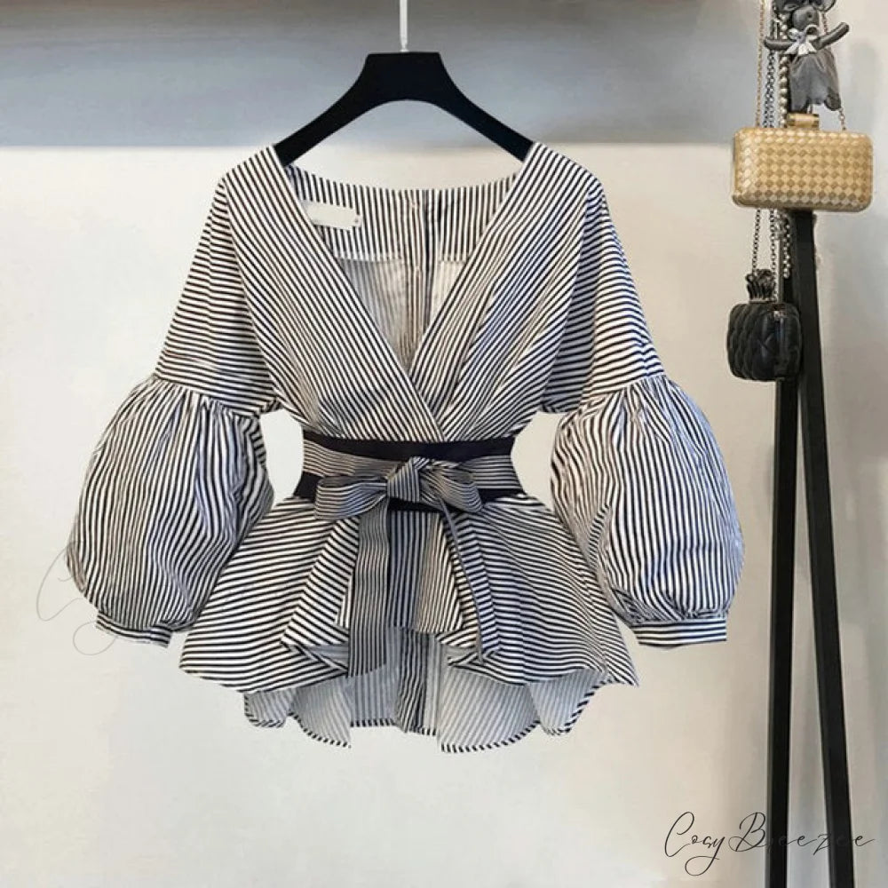 Spring Women’s Bow Pants Lantern Flare Black + Striped Split Warm-Season Blouse Arm Arm Set ONLY Shirt / S