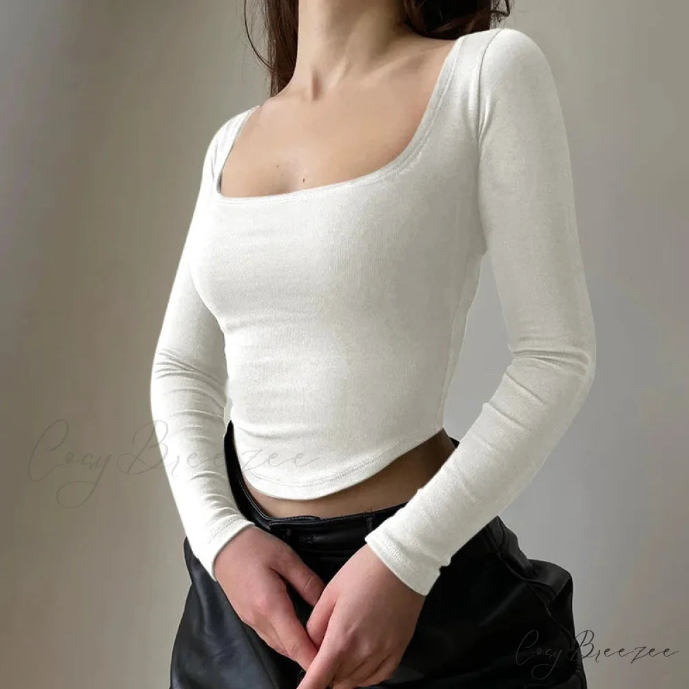 Square Collar Casual Long Sleeve Sweater WHITE / S swraters-241228