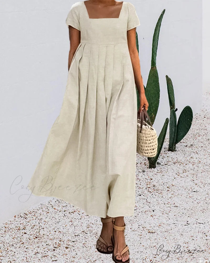 Square Collar Cotton Linen Dress