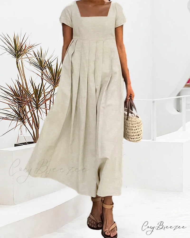 Square Collar Cotton Linen Dress