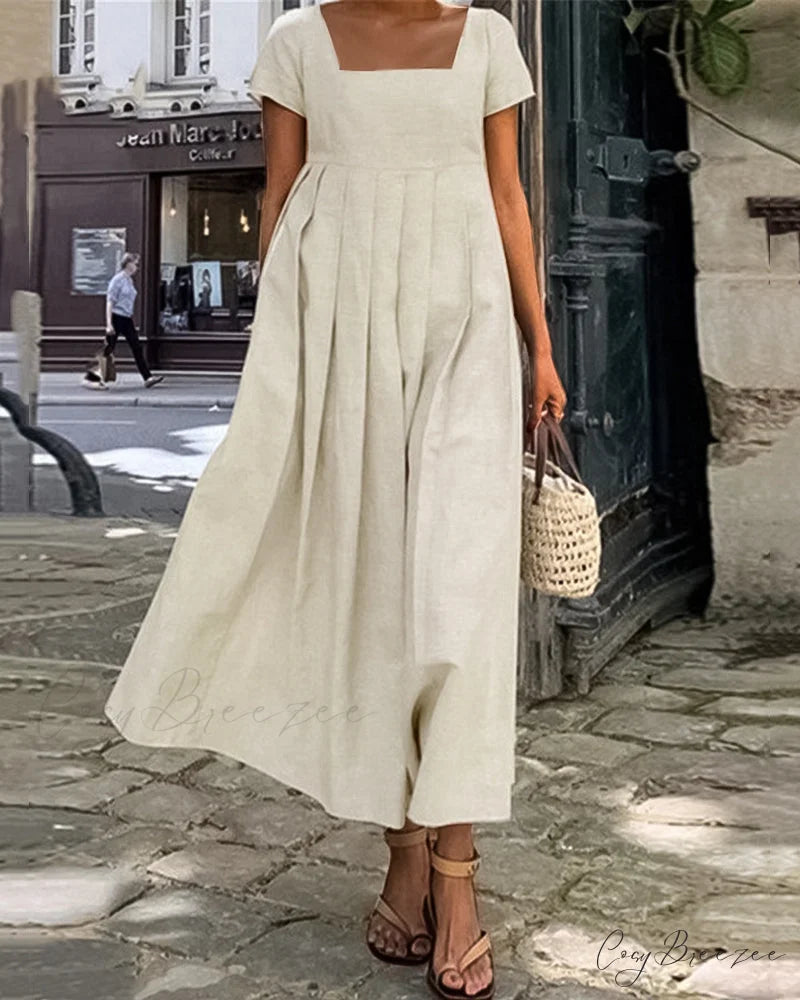 Square Collar Cotton Linen Dress Beige / S