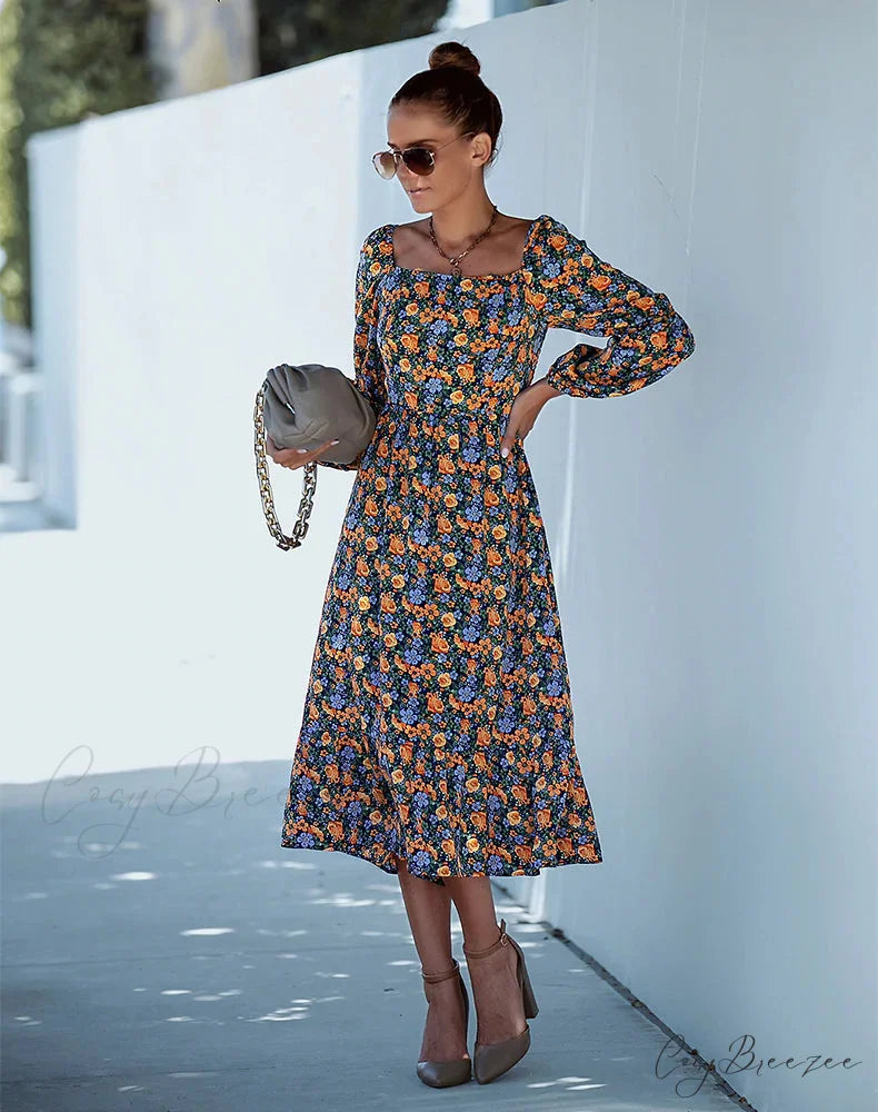 Square Collar Long Sleeve Printed Dress M / navy blue
