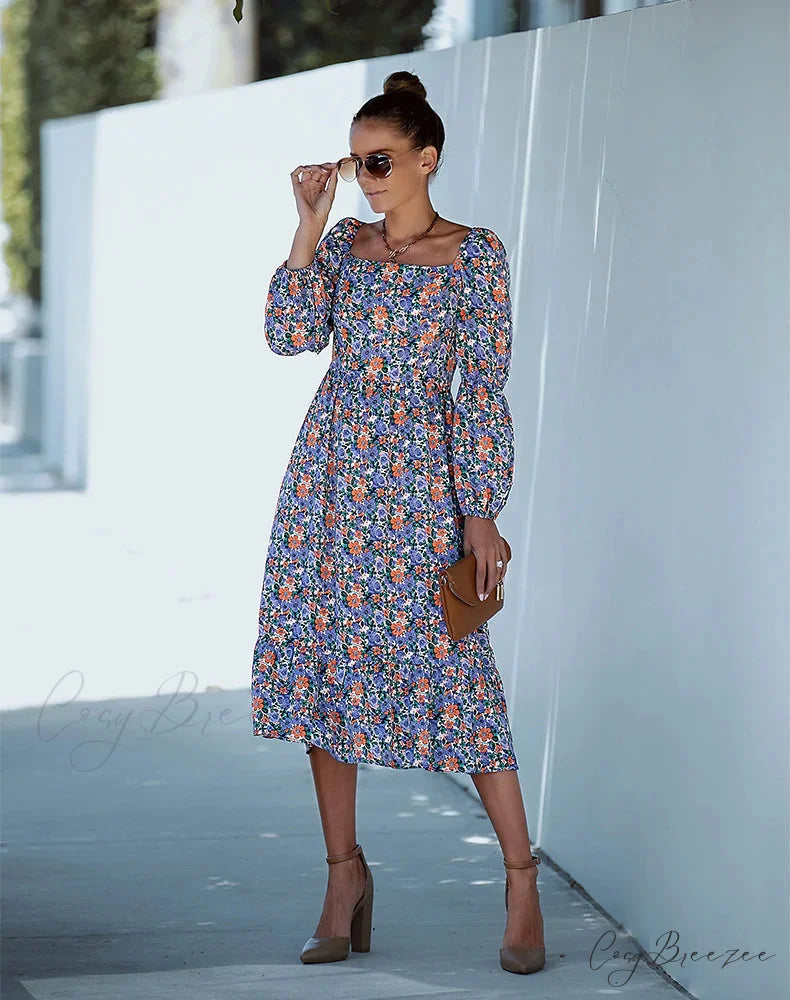 Square Collar Long Sleeve Printed Dress M / orange