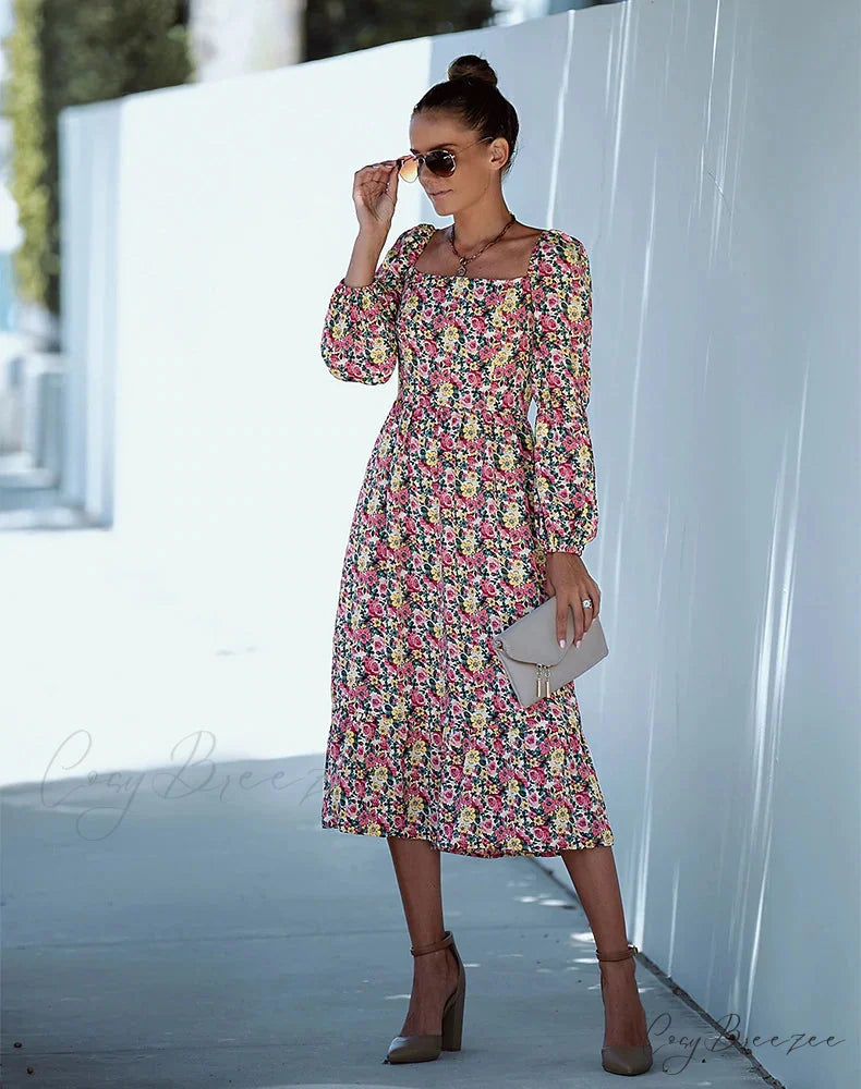 Square Collar Long Sleeve Printed Dress S / blue