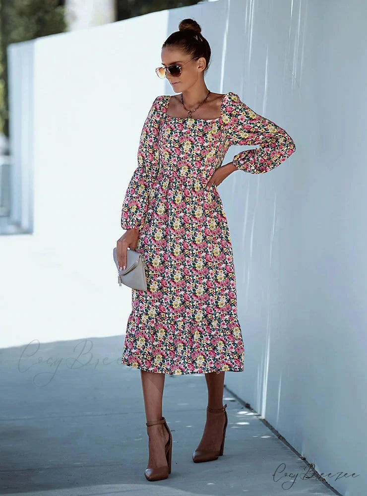 Square Collar Long Sleeve Printed Dress S / navy blue