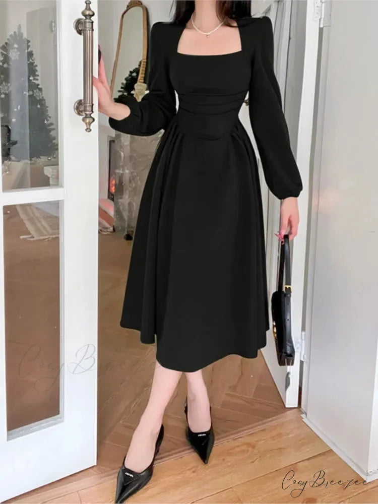 Square Collar Puff Sleeve Elegant Ladies Mini Dress