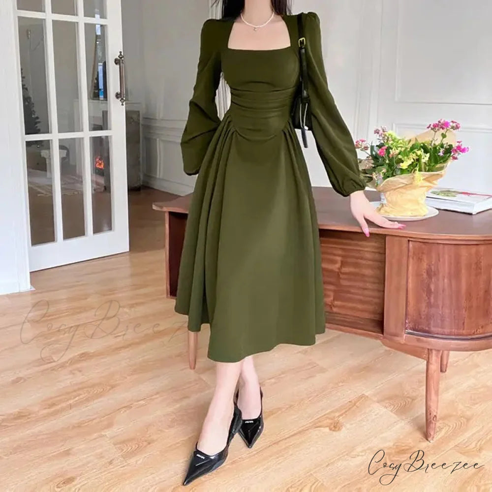 Square Collar Puff Sleeve Elegant Ladies Mini Dress GREEN / S