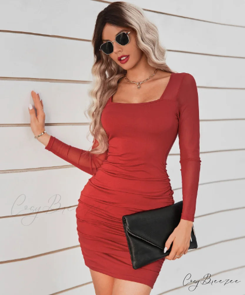 Square Collar Slim Hip Dress L / reddish brown