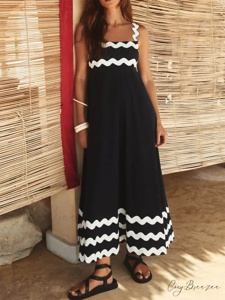 Square Collar Stylish Spaghetti Straps Dress Black / S