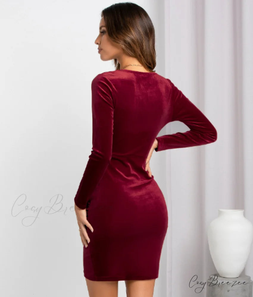 Square Collar Velvet Hip-Wrapped One-Step Skirt - Women’s Fashion M / wine red