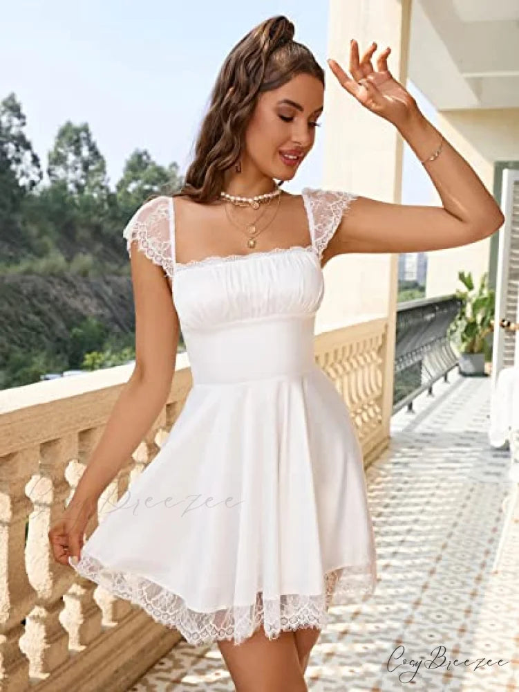 Square Neck Flowy Ruched Bust Dress with Lace M / Black