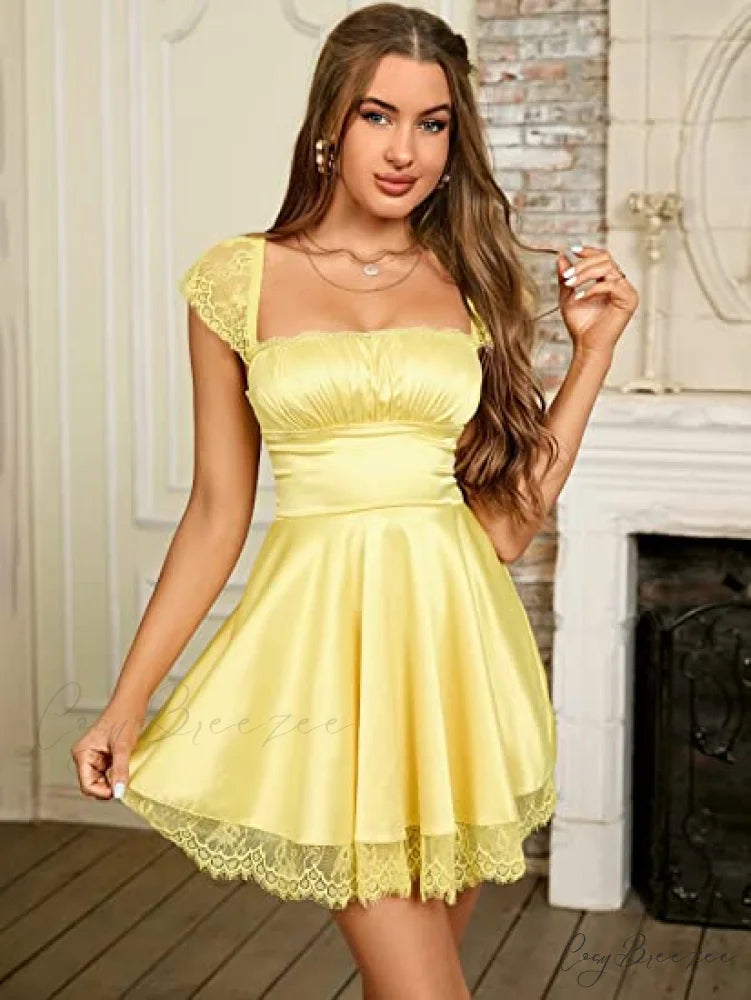 Square Neck Flowy Ruched Bust Dress with Lace M / Yellow