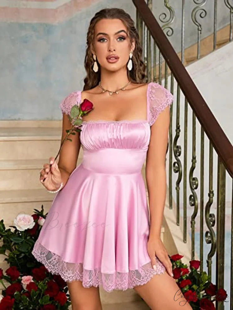 Square Neck Flowy Ruched Bust Dress with Lace S / Black