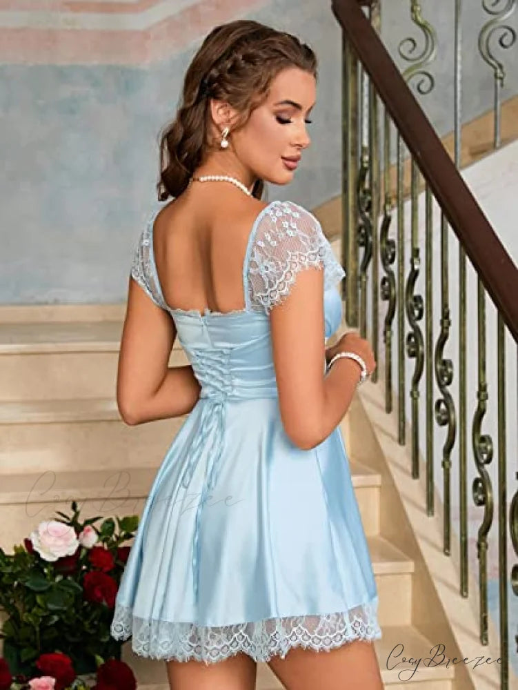Square Neck Flowy Ruched Bust Dress with Lace S / Yellow