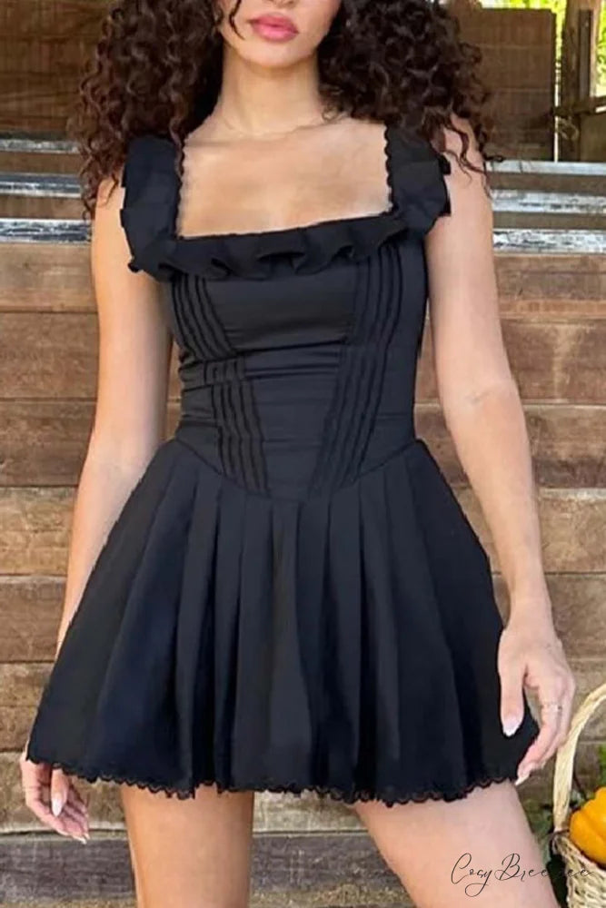 Square Neck Lace Mini Dress Black / S