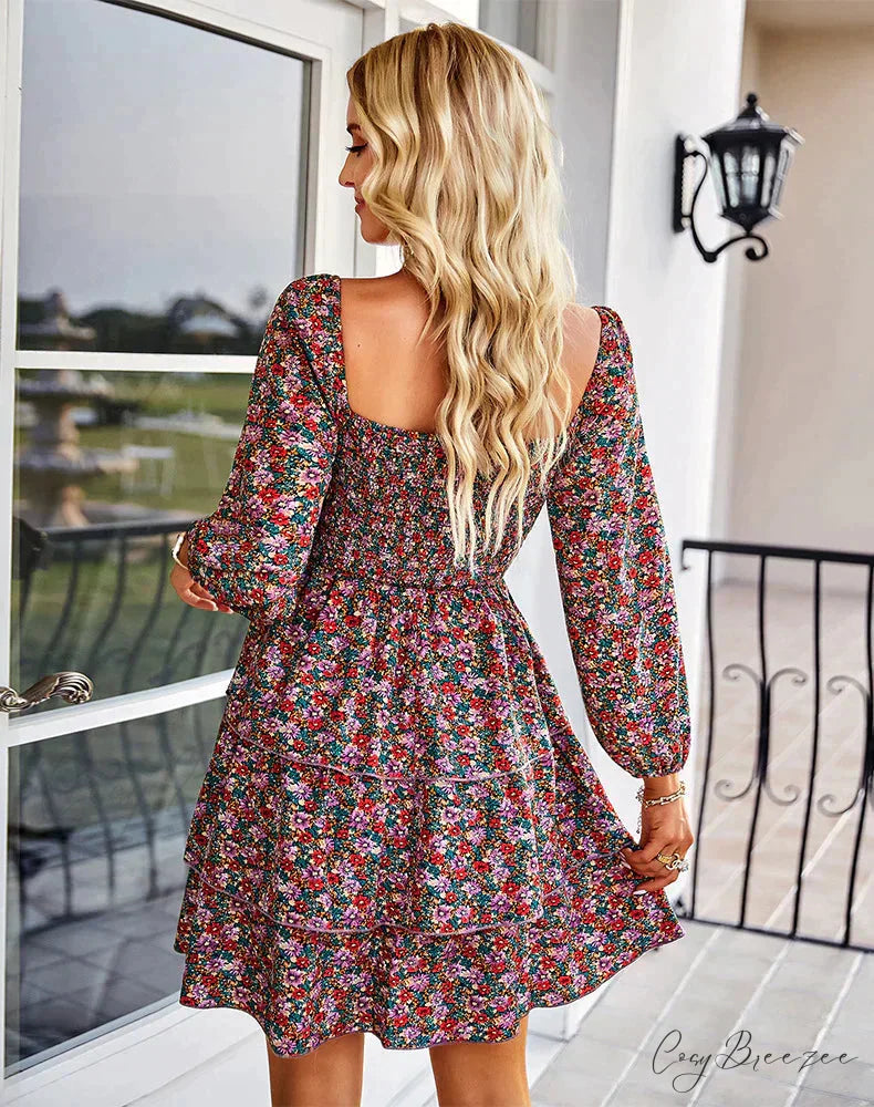Square Neck Long Sleeve Printed Dress L / red