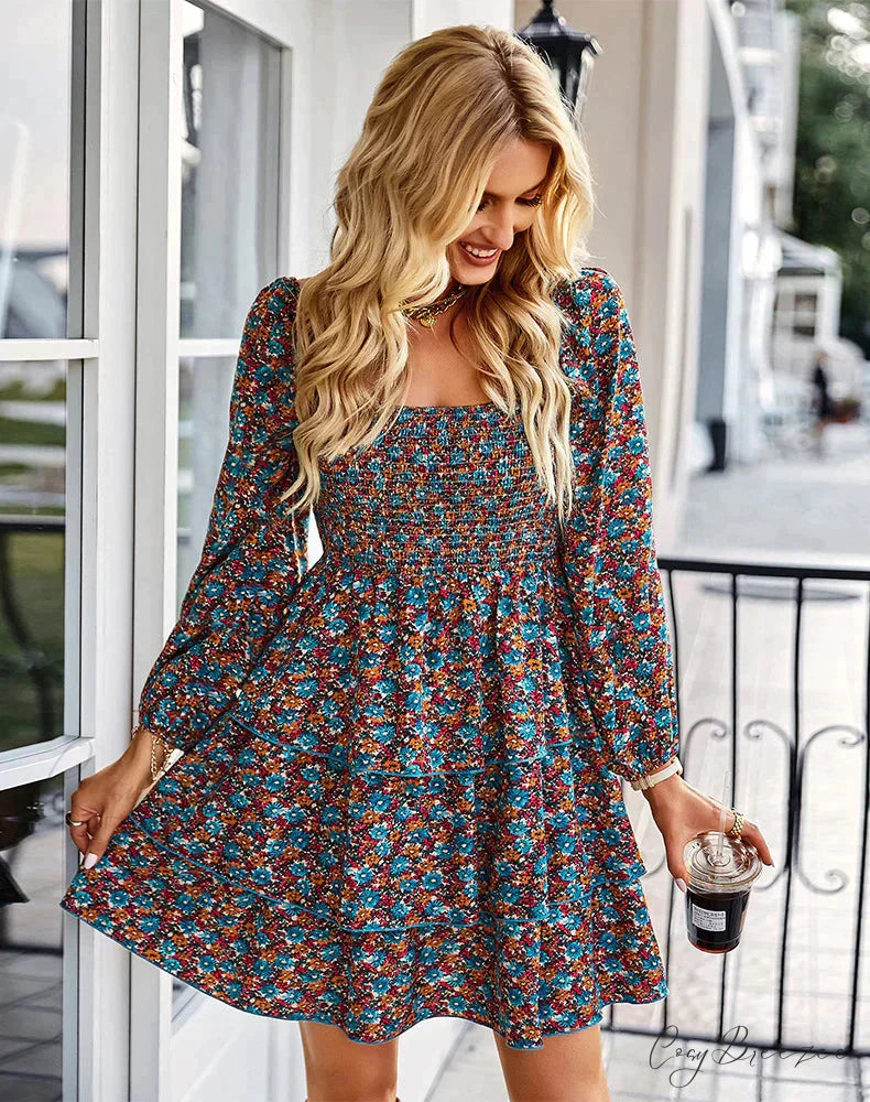 Square Neck Long Sleeve Printed Dress M / red
