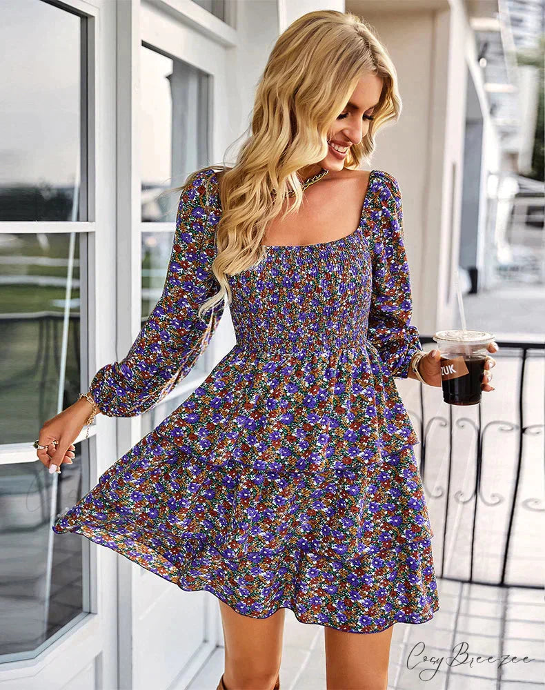 Square Neck Long Sleeve Printed Dress S / blue