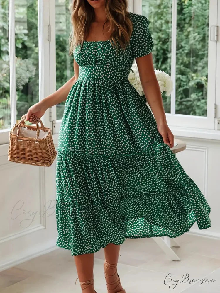 Square Neck Polka Dot Puff Sleeve Dress for Summer M / Blue