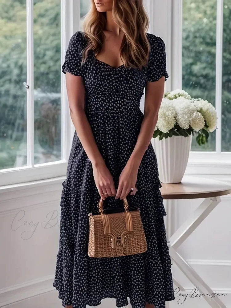Square Neck Polka Dot Puff Sleeve Dress for Summer M / Green