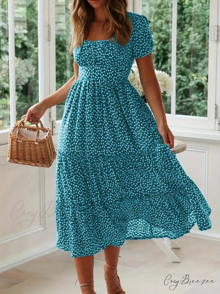 Square Neck Polka Dot Puff Sleeve Dress for Summer S / Green