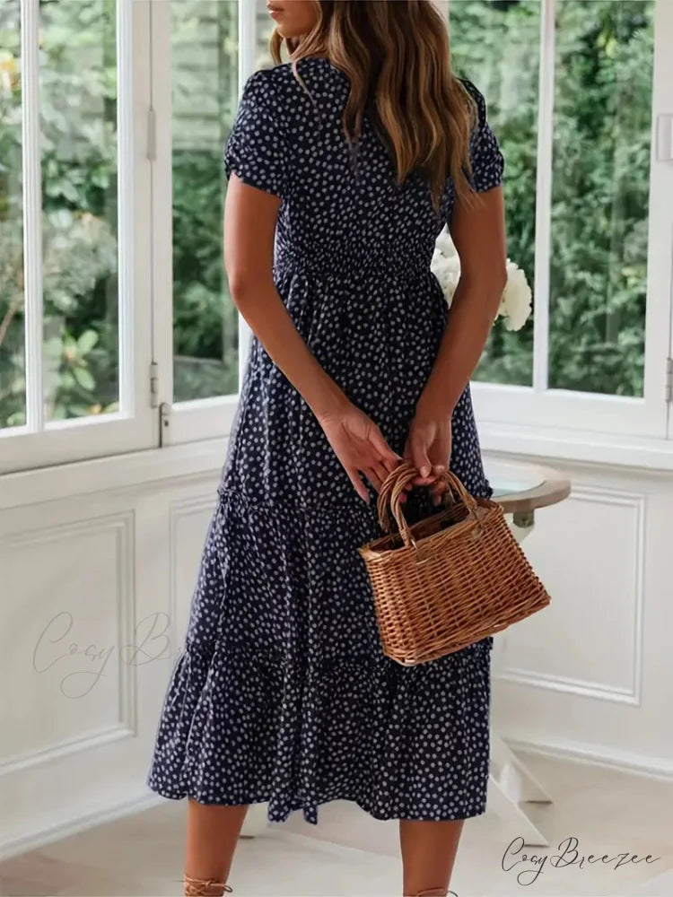 Square Neck Polka Dot Puff Sleeve Dress for Summer S / Navy