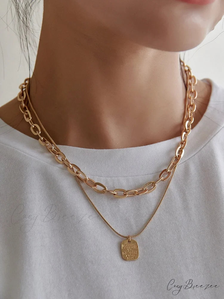 Square Pendant Layered Necklace Yellow Gold / one-size