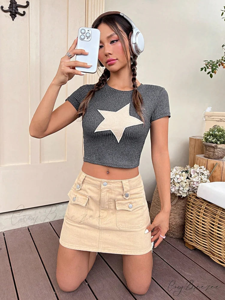 Star Patched Crop Tee Dark Grey / XS