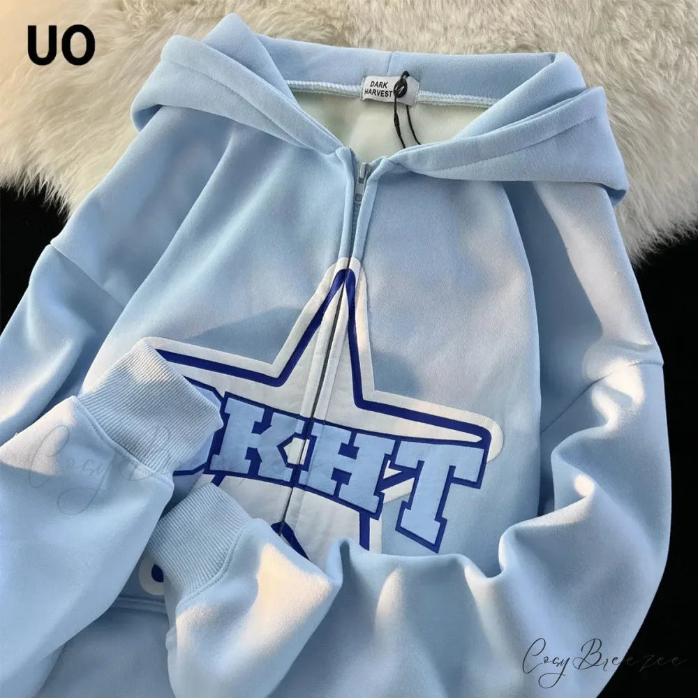 Star Print Retro Zipper Hoodie blue / M hoodies-241228