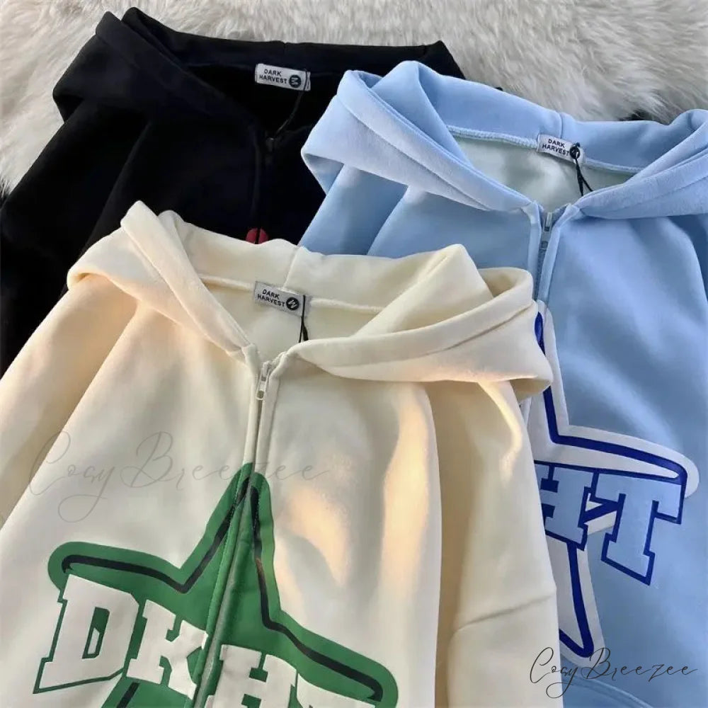 Star Print Retro Zipper Hoodie hoodies-241228