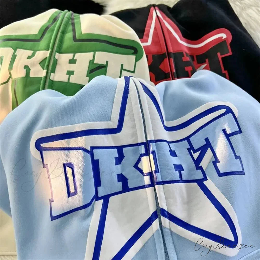 Star Print Retro Zipper Hoodie hoodies-241228