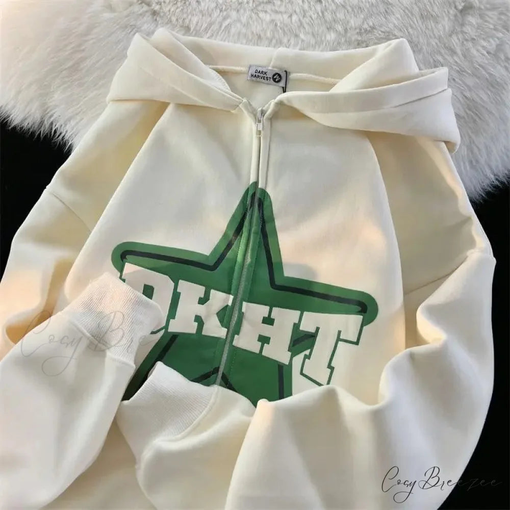 Star Print Retro Zipper Hoodie white / M hoodies-241228