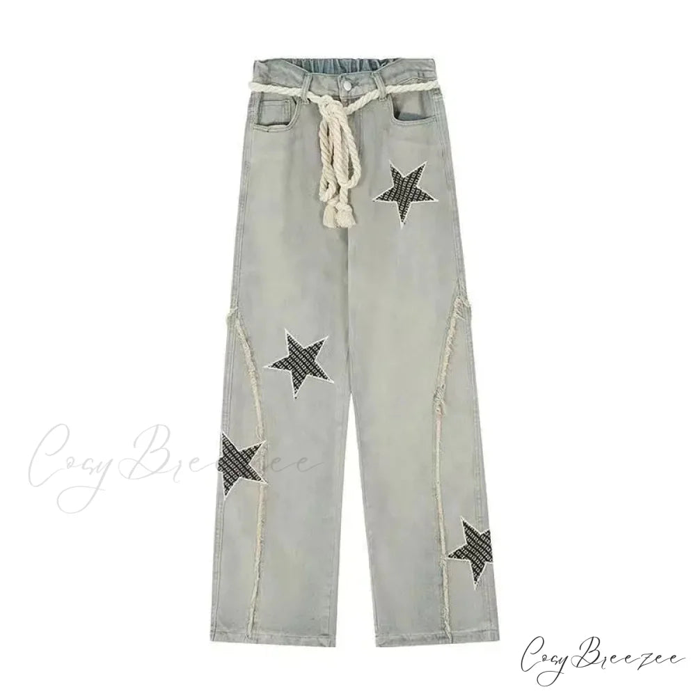 Stars Embroidery High Waist Jeans Pants pants-241228
