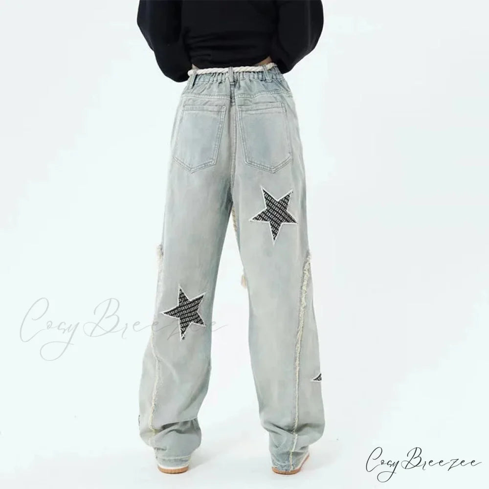 Stars Embroidery High Waist Jeans Pants pants-241228