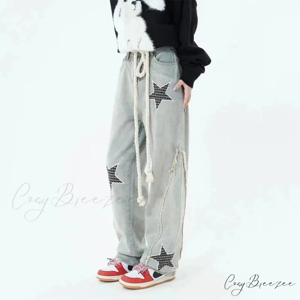 Stars Embroidery High Waist Jeans Pants pants-241228