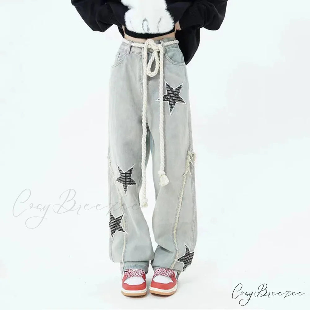 Stars Embroidery High Waist Jeans Pants Light Blue / S pants-241228