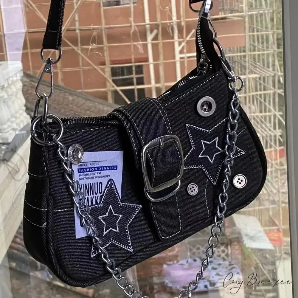Stars Pattern Canvas Underarm Shoulder Bag Black shoulder-250126