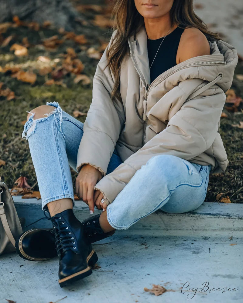 Stay Awhile Hooded Puffer Jacket - Khaki