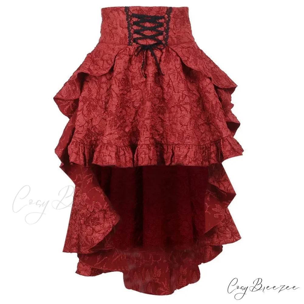 SteamWomen Gothic Irregular Shirring Pleated Party Maxi Long High Low Costumes Sexy Corset Skirt RED / S