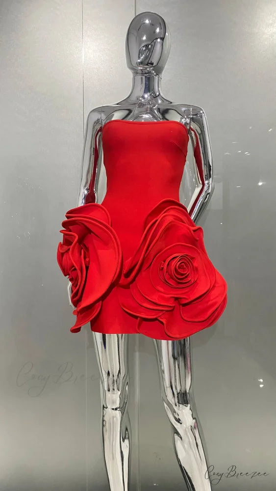 Stereoscopic Flowers Strapless Christmas Party Dress Red / S