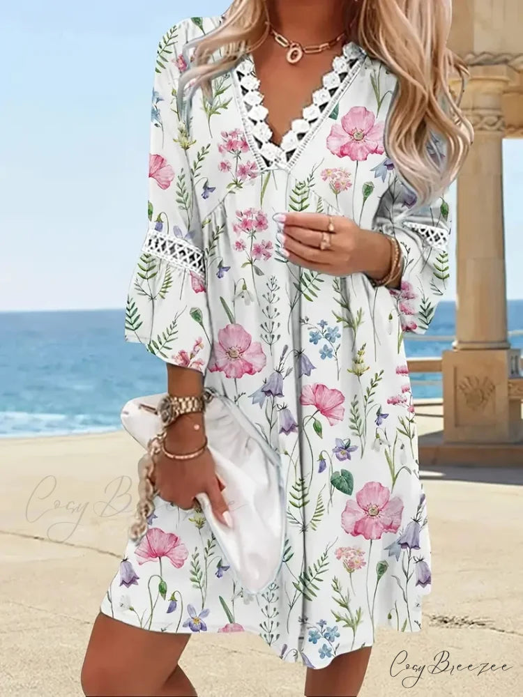 Stitching Lace and Design Gown with V Bohemian Flowered Neck M / Green