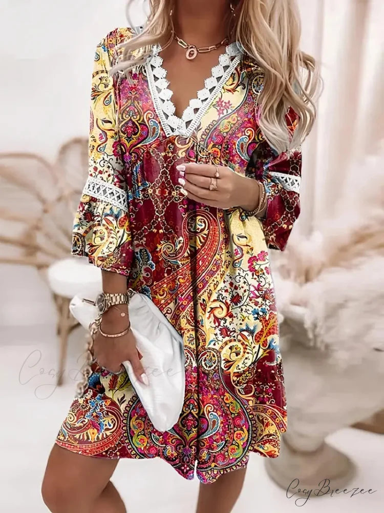 Stitching Lace and Design Gown with V Bohemian Flowered Neck S / Blue