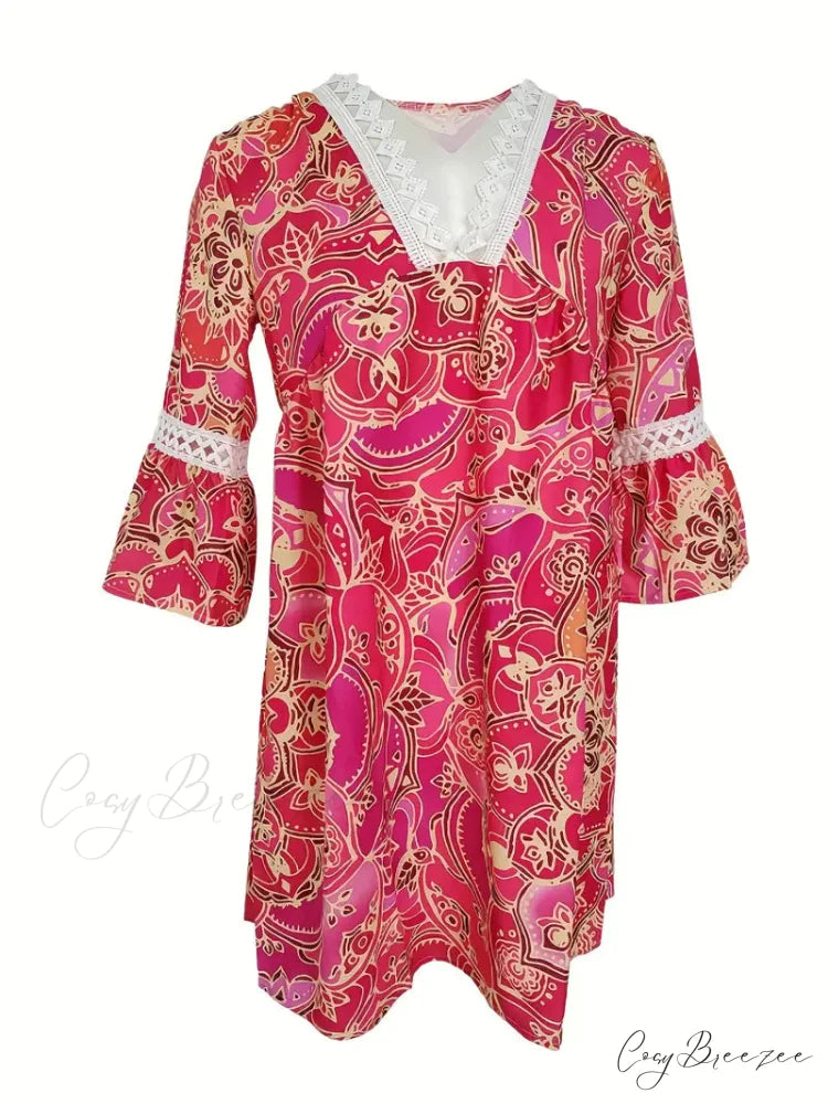 Stitching Lace and Design Gown with V Bohemian Flowered Neck S / Green