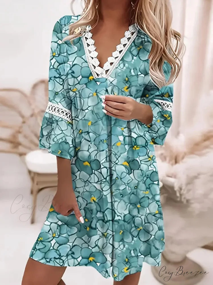 Stitching Lace and Design Gown with V Bohemian Flowered Neck S / Khaki